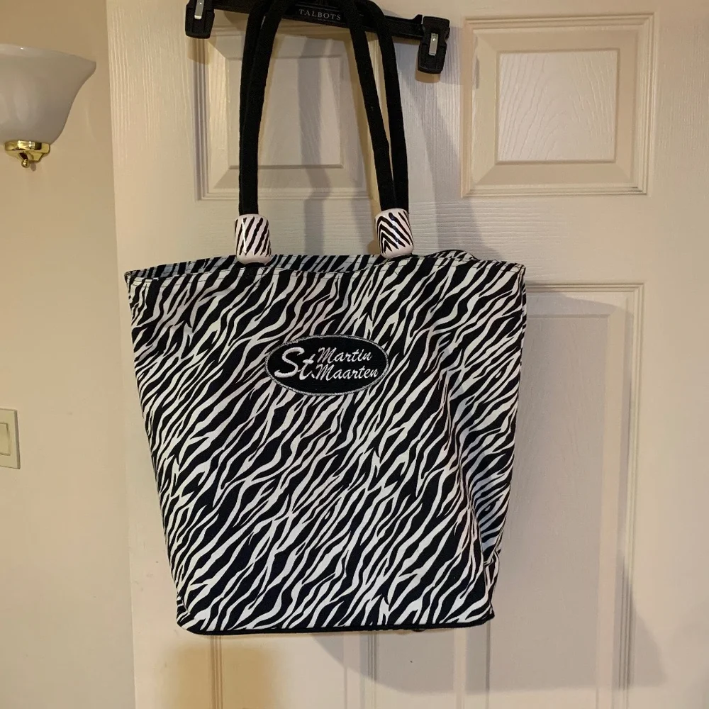 St. Martin Black/White Zebra Print Canvas Beach/Tote Bag